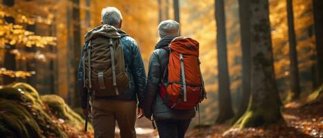 äldre par vandring med ryggsäckar. ai generativ foto