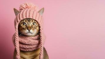 söt abessinier katt i stickning vinter- hatt och scarf isolerat på rosa bakgrund. porträtt rödhårig inhemsk kattunge. ai genererad foto