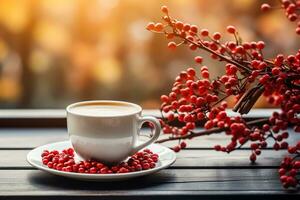 kopp av varm kaffe med mjölk, mysigt höst säsong sammansättning. cappuccino och röd rönn bär på suddig orange löv bakgrund. höst dekor, falla humör, fortfarande liv. ai genererad foto