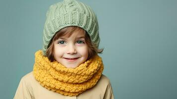 porträtt av Lycklig barn bär stickat hatt, scarf och Tröja. söt leende liten flicka isolerat på blek turkos bakgrund med kopia Plats. vinter- mode begrepp. ai genererad foto