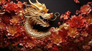 Lycklig kinesisk ny år 2024 baner med gyllene drake zodiaken tecken och röd blommor i papper skära origami stil. hälsning kort begrepp. firande horisontell affisch. ai genererad foto