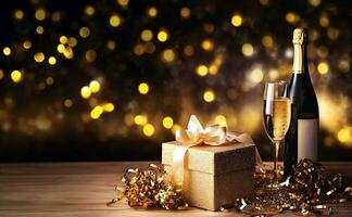 Lycklig ny år bakgrund med gyllene bokeh lampor, konfetti, gåva och flaska av champagne. lyx baner mall eller vinter- högtider hälsning kort. ny år eve fest bakgrund. ai generativ foto