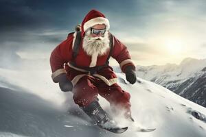 santa claus alpina skidåkare skidåkning utför , kombinerande de spänning av extrem sporter med de magi av jul. foto