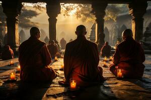 munkar mediterar i en kloster, fångad i djup koncentration och lugn, reflekterande de öva av buddhism. generativ ai foto