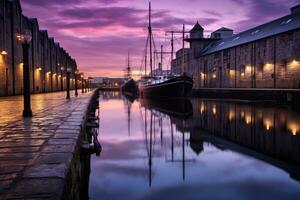 dramatisk solnedgång över de marina i de gammal stad av edinburgh, Skottland, gammal leiths bryggor på skymning. edinburgh, Skottland, ai genererad foto