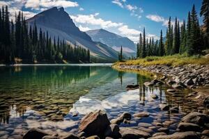 glaciär nationell parkera, montana, förenad stater av Amerika, på de banker av de vägg sjö, bak- se, alberta, Kanada, ai genererad foto