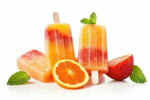 hemlagad popsicles med orange, jordgubb och mynta isolerat på vit bakgrund, orange och jordgubb popsicles isolerat på vit bakgrund, ai genererad foto