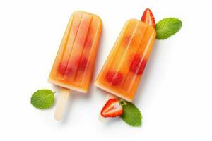 frukt popsicles med jordgubb och mynta på vit bakgrund, topp se, orange och jordgubb popsicles isolerat på vit bakgrund, ai genererad foto