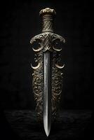 medeltida svärd och slida. fantasi gyllene svärd med lång blad. neuralt nätverk genererad konst foto