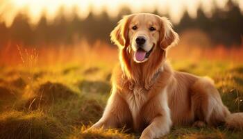 gyllene retriever hund Sammanträde i de gräs på solnedgång ai genererad foto