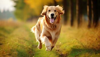 gyllene retriever hund Sammanträde i de gräs på solnedgång ai genererad foto