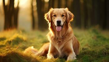 gyllene retriever hund Sammanträde i de gräs på solnedgång ai genererad foto