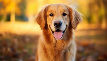 gyllene retriever hund Sammanträde i de gräs på solnedgång ai genererad foto