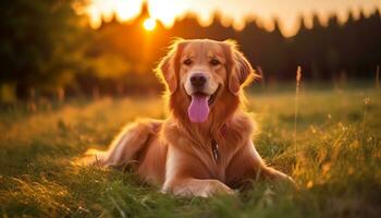 gyllene retriever hund Sammanträde i de gräs på solnedgång ai genererad foto