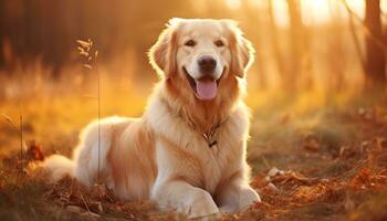 gyllene retriever hund Sammanträde i de gräs på solnedgång ai genererad foto