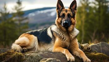 tysk herde hund om i de gräs på solnedgång ai genererad foto