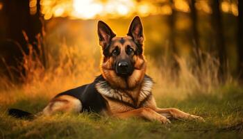 gyllene retriever hund om i gräs på solnedgång ai genererad foto