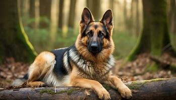 gyllene retriever hund om i gräs på solnedgång ai genererad foto