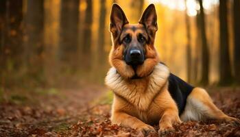 tysk herde hund om i de gräs på solnedgång ai genererad foto