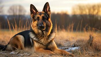 tysk herde hund om i de gräs på solnedgång ai genererad foto