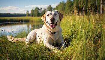 tysk herde hund om i de gräs på solnedgång ai genererad foto