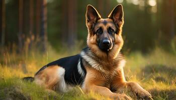 tysk herde hund om i de gräs på solnedgång ai genererad foto