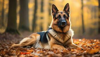 tysk herde hund om i de gräs på solnedgång ai genererad foto