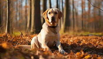 en gul labb hund om i de gräs ai genererad foto