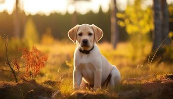 en gul labb hund om i de gräs ai genererad foto