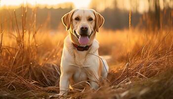 en gul labb hund om i de gräs ai genererad foto