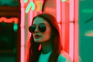 neon porträtt av en flicka med glasögon. neuralt nätverk ai genererad foto