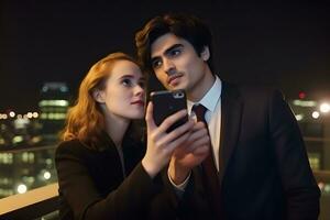 Lycklig par i kärlek tar en selfie mot de bakgrund av de natt stad. neuralt nätverk ai genererad foto
