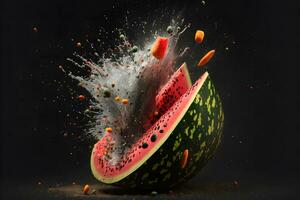 en mogen vattenmelon falls till de golv och smashar till bitar. neuralt nätverk genererad konst foto