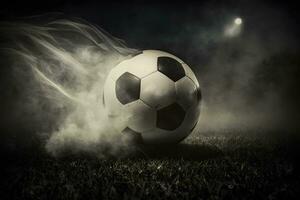 traditionell fotboll boll på fotboll fält på grön gräs med mörk tonad dimmig bakgrund. neuralt nätverk genererad konst foto