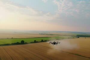 Drönare flygande över de fält. smart lantbruk kontrollerade. neuralt nätverk ai genererad foto