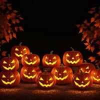 halloween realistisk pumpa bakgrund med läskigt pumpa domkraft o lykta i en mörk lynnig skog ai generativ foto
