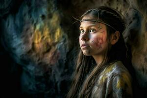 stam neanderthal flicka i grot med målad ansikte. generera ai foto