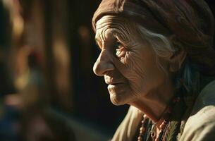 gammal turkiska kvinna i Sol ljus. generera ai foto