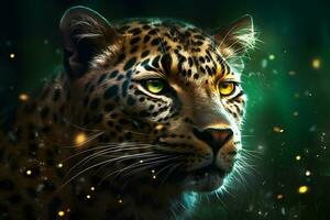 leopard porträtt stänga upp på mörk bakgrund. neuralt nätverk ai genererad foto