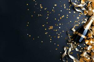topp se av festlig bakgrund fest streamers, konfetti med gyllene champagne flaska. december högtider begrepp med kopia Plats. generativ ai foto
