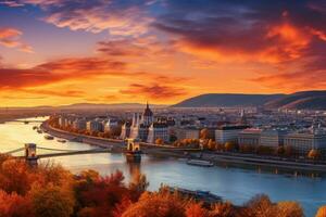 panorama- se av budapest och Donau flod på solnedgång, Ungern, panorama- se över de budapest på solnedgång, ai genererad foto
