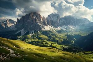 fantastisk panorama- se av dolomiter berg. dramatisk mulen himmel. Italien, Europa. skönhet värld, panorama- se av de dolomiterna. Italien, Europa, ai genererad foto