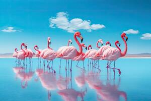 flamingos i de lagun av salar de uyuni, bolivia, grupp fåglar av rosa afrikansk flamingos gående runt om de blå lagun på en solig dag, ai genererad foto