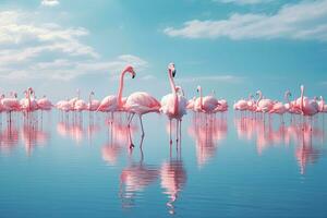 flamingos i de sjö på solnedgång. rosa flamingos på blå himmel bakgrund, grupp fåglar av rosa afrikansk flamingos gående runt om de blå lagun på en solig dag, ai genererad foto