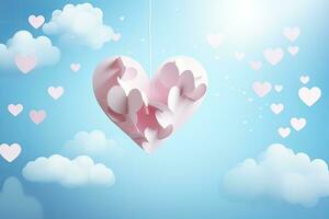 papper hjärta på blå himmel bakgrund med moln. vektor papper konst illustration, papper konst av hjärta form hängande från de himmel på pastell bakgrund, ai genererad foto