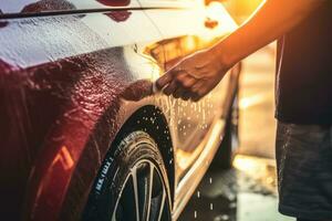 stänga upp av man hand tvättning bil med vatten på bil tvätta, människor hand stänga upp rengöring bil med en svamp på de bil tvätta, ai genererad foto