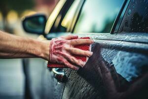 närbild av en mannens hand med en trasa tvättning bil, människor hand stänga upp rengöring bil med en svamp på de bil tvätta, ai genererad foto