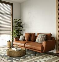afrikansk ljus vardagsrum med grön växt, trä- möbel och orange soffa bakgrund. ljus modern japansk natur interiör. 3d tolkning. hög kvalitet 3d illustration foto