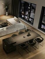 modern minimalism interiör vardagsrum med stor modul- soffa, natt stad se och marmor kök ö. 3d tolkning. hög kvalitet 3d illustration foto