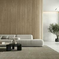 beige minimal vardagsrum med stor modul- soffa, växter och dekor matta bakgrund. ljus modern japansk natur se. 3d tolkning. hög kvalitet 3d illustration foto